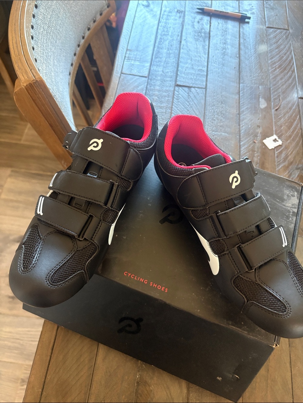 Peloton Black Cycling Shoes with Red Lining and White Accents